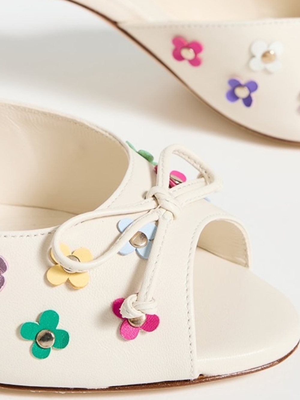 Larroude Cream Slide Mules, Multicolor Flower Studs &Bow sz 7.5 nwot - Picture 4 of 6